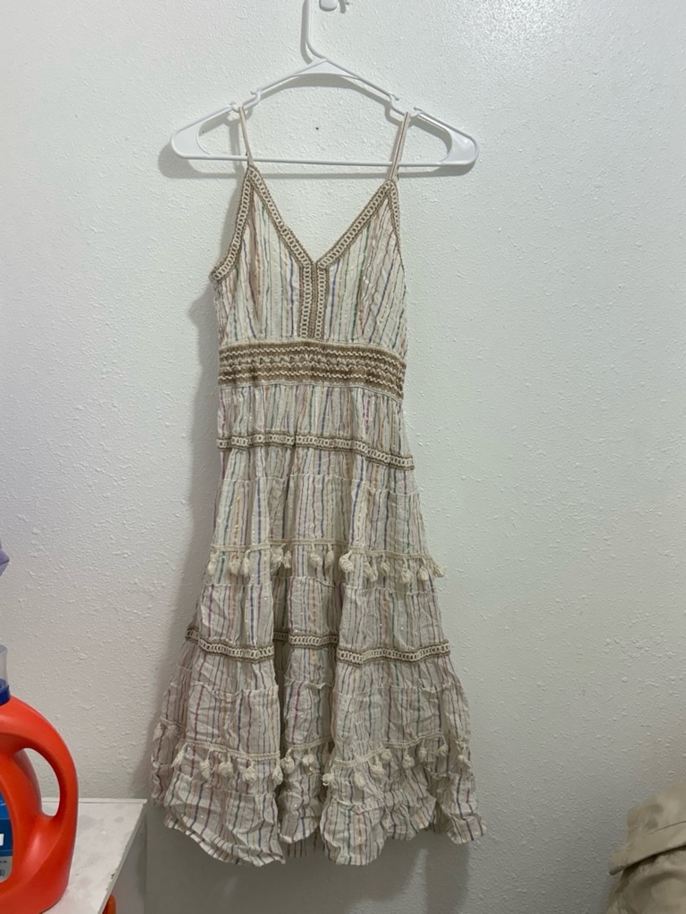 Boho Cream Tiered juniors Summer Dress with Multicolor Stripes
